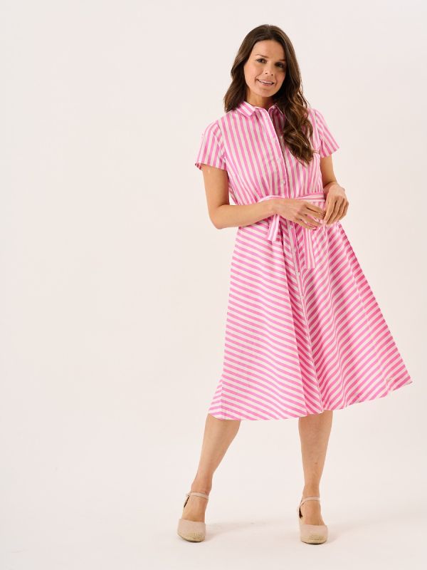 Hot Pink And White Short Sleeve Striped Dress - Blaire