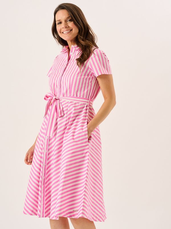 Hot Pink And White Short Sleeve Striped Dress - Blaire