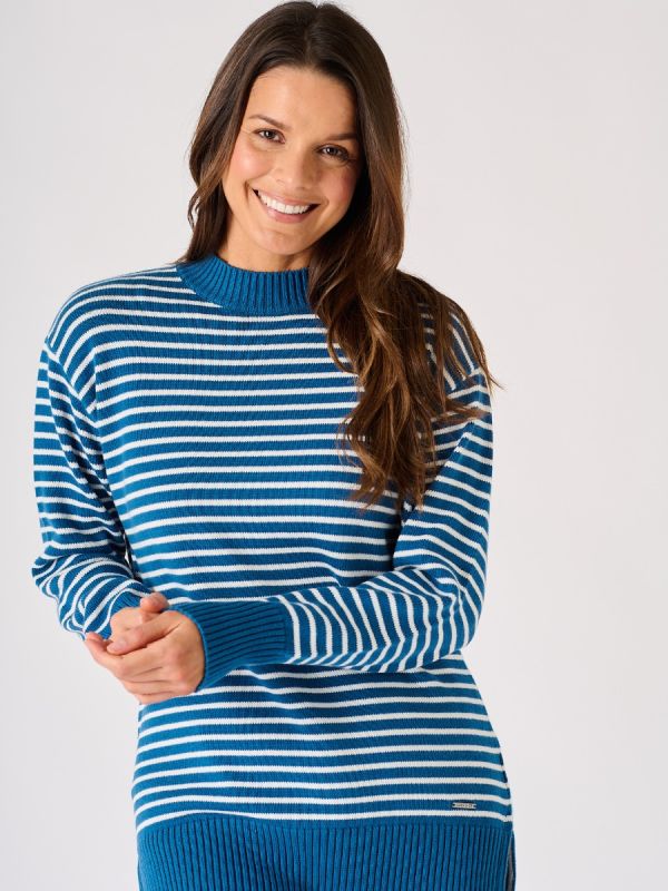 Ladies Blue and White Striped Button Shoulder Knitted Jumper- Fody