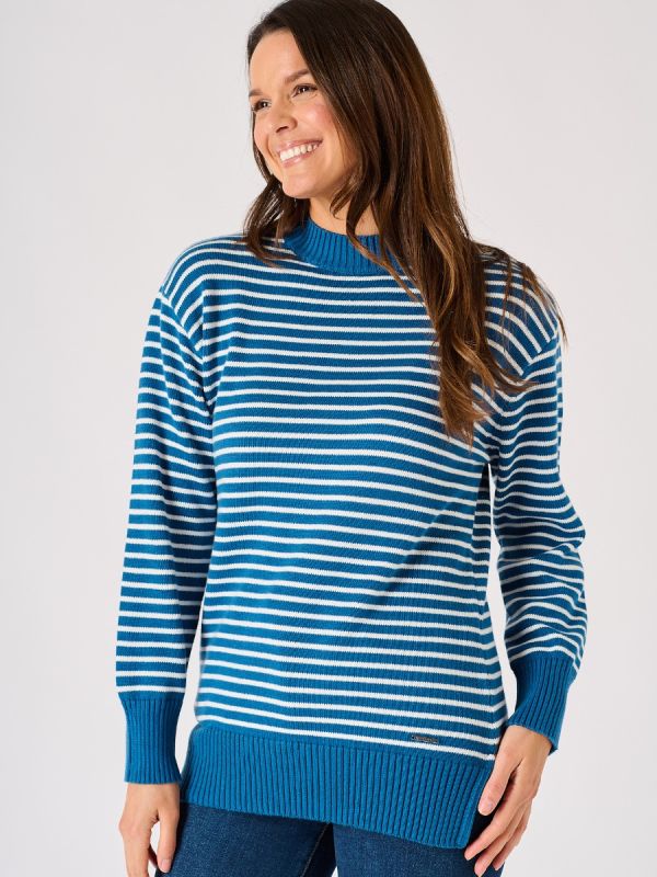 Ladies Blue and White Striped Button Shoulder Knitted Jumper- Fody